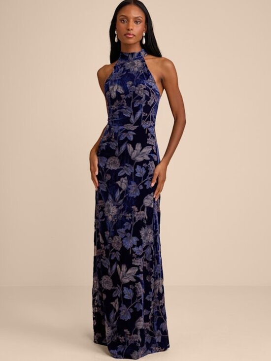 Lulus Dresses & Skirts - Lulus Amberline Navy Velvet Burnout Halter Maxi Dress Blue - Size S
